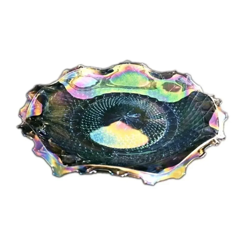 Indiana Blue Iridescent Carnival Glass Diamond Point Star Ruffled Plate Bowl 10